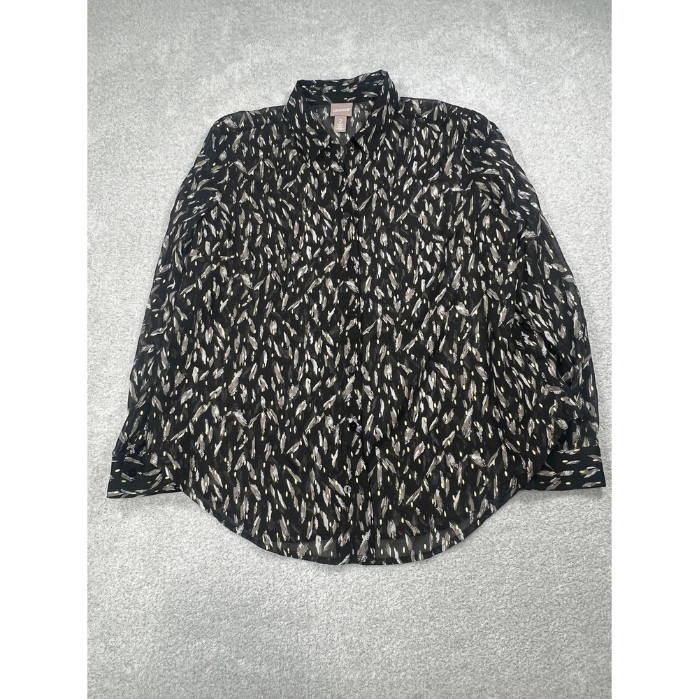 Chico's Women Black Gold Metallic Abstract Sheer Button Down Blouse Size 2 L